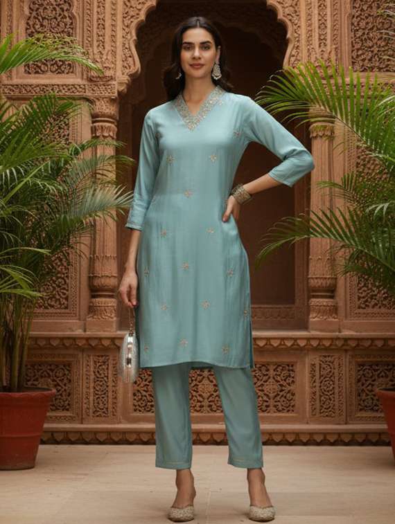 women light blue kurta pant set - 22453938 -  Standard Image - 2