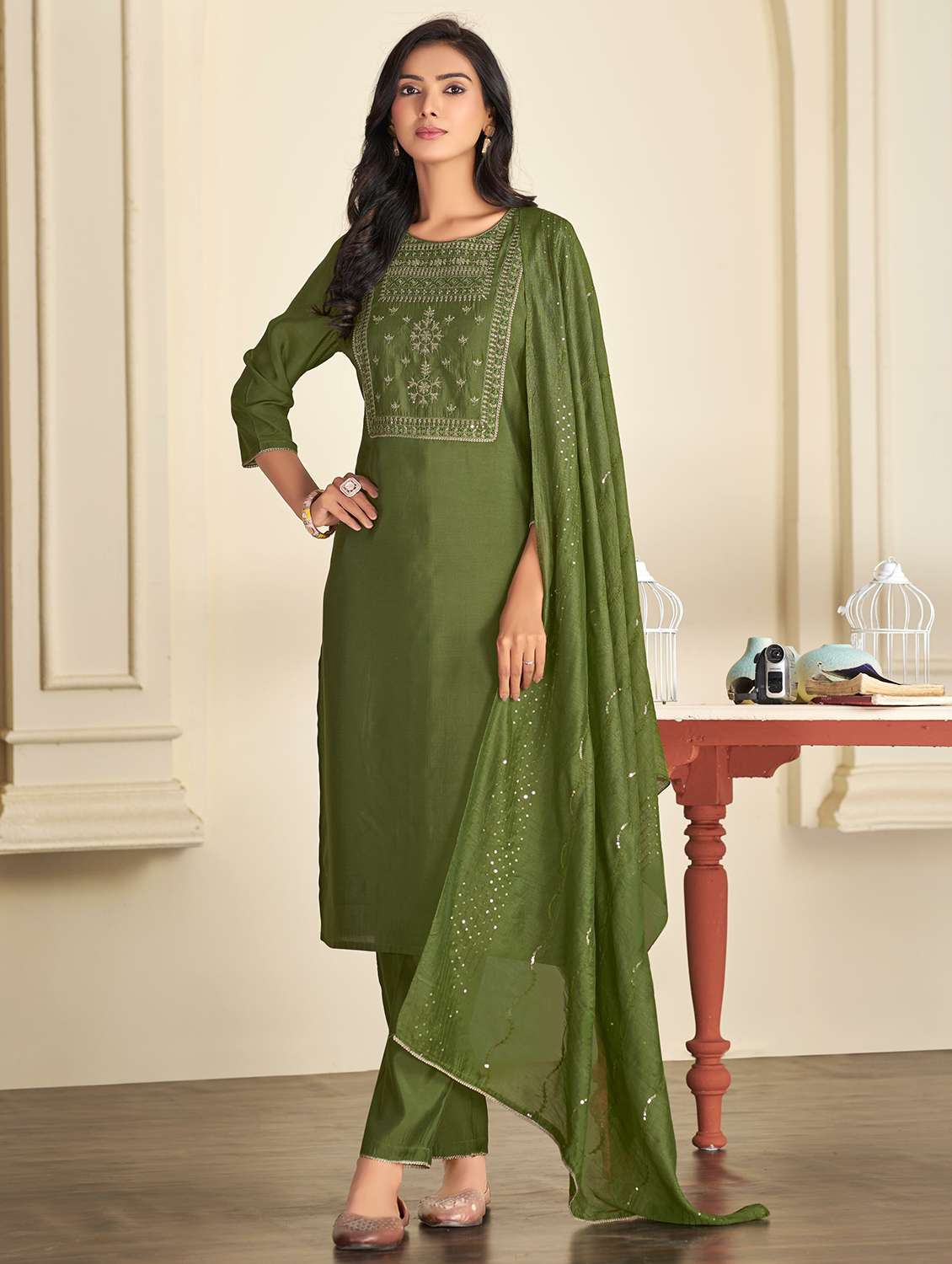 women self design green suit set