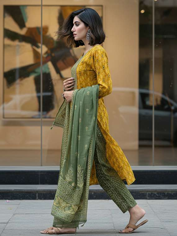 women  self design mustard suit set - 22453953 -  Standard Image - 2