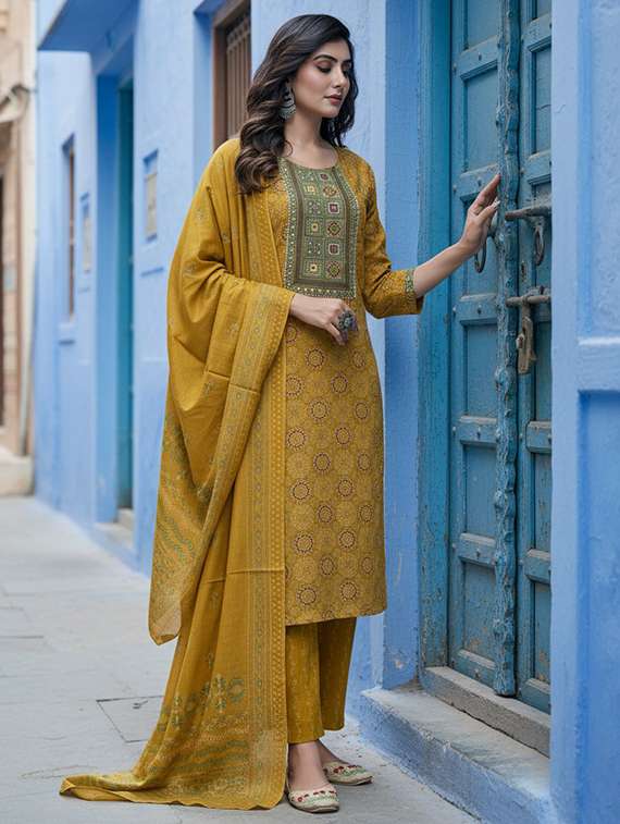women self design mustard suit set - 22453955 -  Standard Image - 2