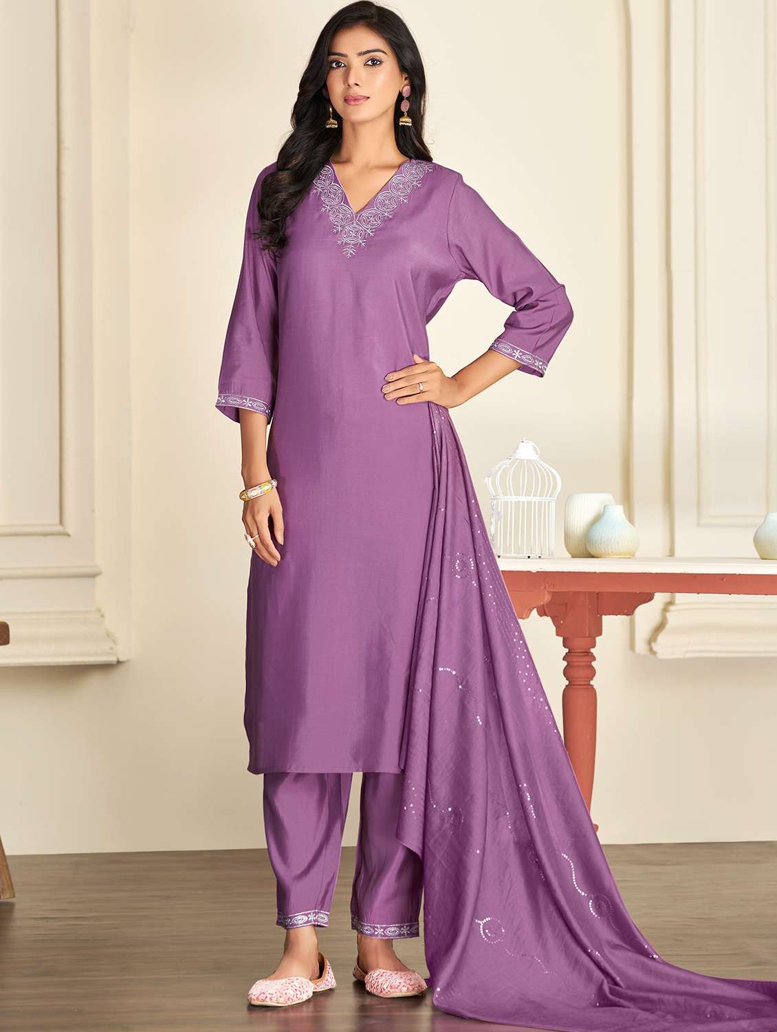 women self design purple suit set - 22454004 -  Standard Image - 2