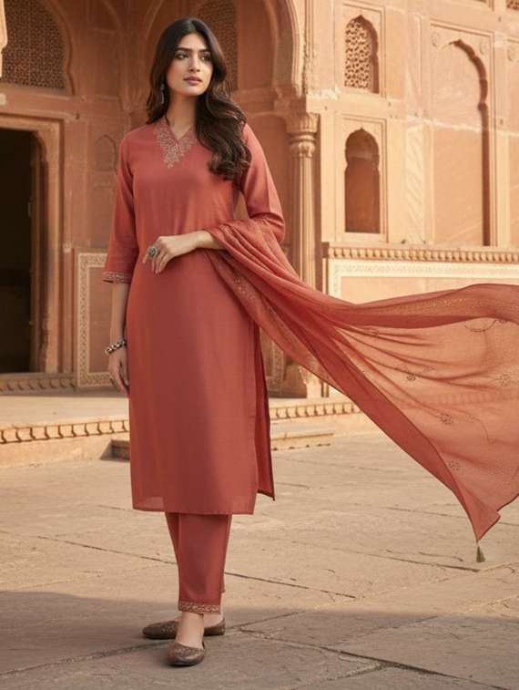 women self design rust suit set - 22454005 -  Standard Image - 2