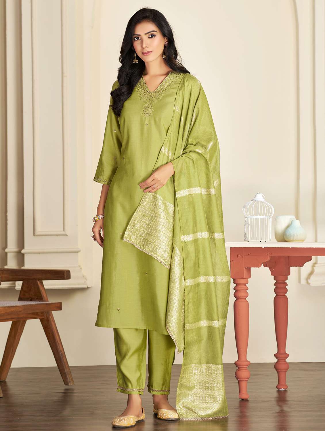 women self design green suit set - 22454006 -  Standard Image - 2