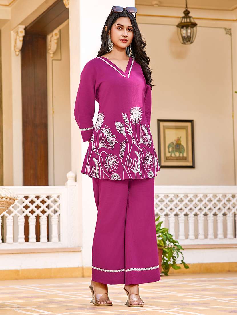 women solid with work three quarter sleeve ethnic co-ord set - 22454051 -  Standard Image - 2