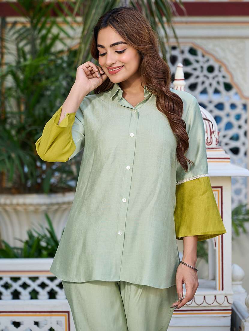 Women Color Block Three Quarter Sleeve Shirt & Trouser Co-ord Set - 22454081 -  Standard Image - 2