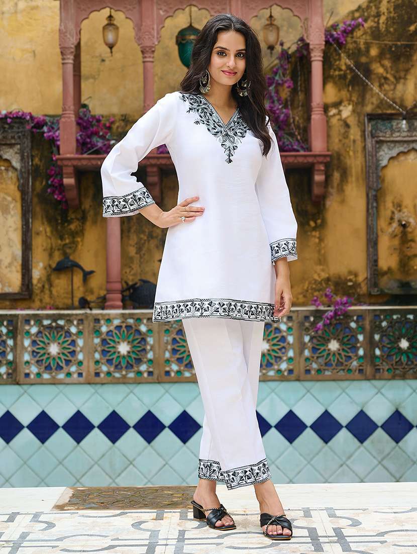 women solid with work three quarter sleeve ethnic co-ord set