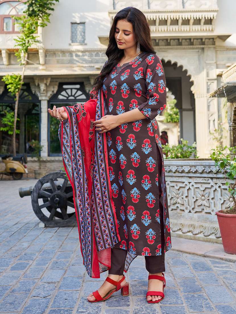 women printed three quarter sleeve kurta pant with dupatta set - 22454111 -  Standard Image - 2