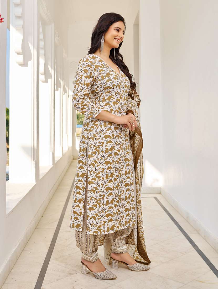 women printed three quarter sleeve kurta salwar with dupatta set - 22454117 -  Standard Image - 2