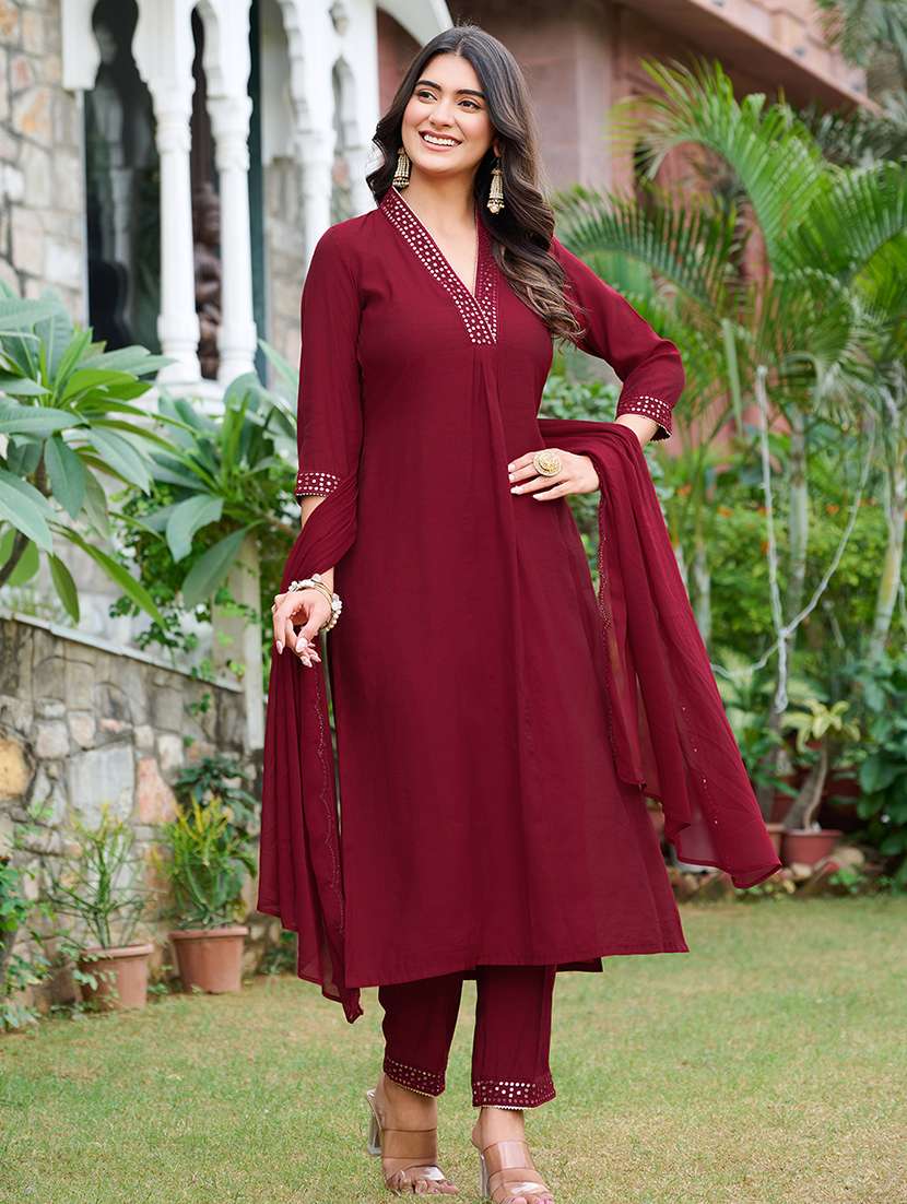 women solid with work three quarter sleeve kurta pant with dupatta set - 22454137 -  Standard Image - 2