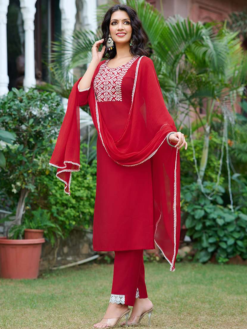 women solid with work three quarter sleeve kurta pant with dupatta set - 22454139 -  Standard Image - 2