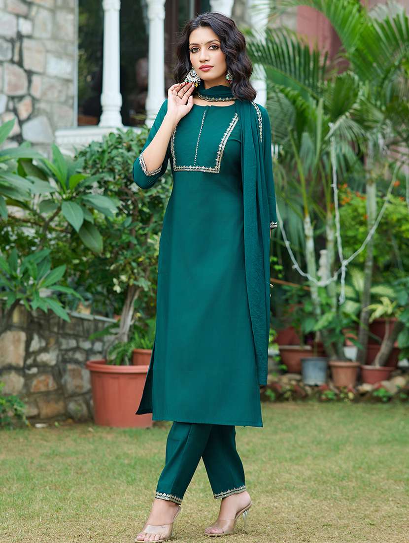 women solid with work three quarter sleeve kurta pant with dupatta set - 22454140 -  Standard Image - 2