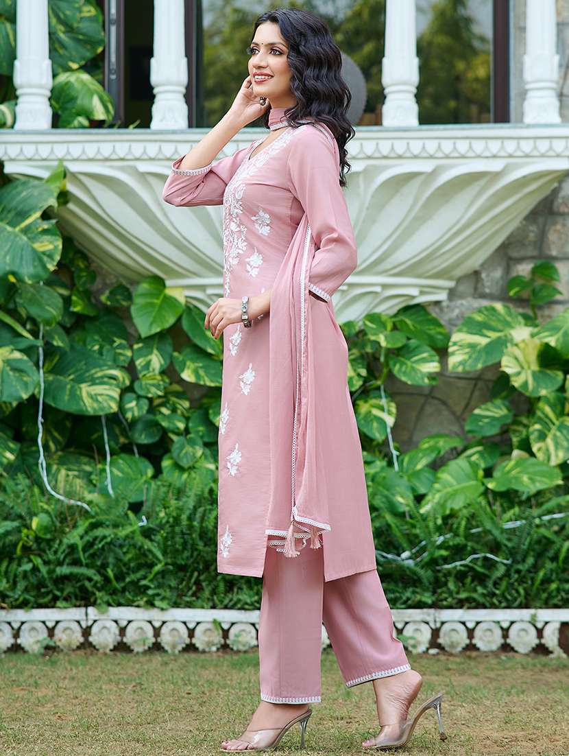 women solid with work three quarter sleeve kurta pant with dupatta set - 22454153 -  Standard Image - 2