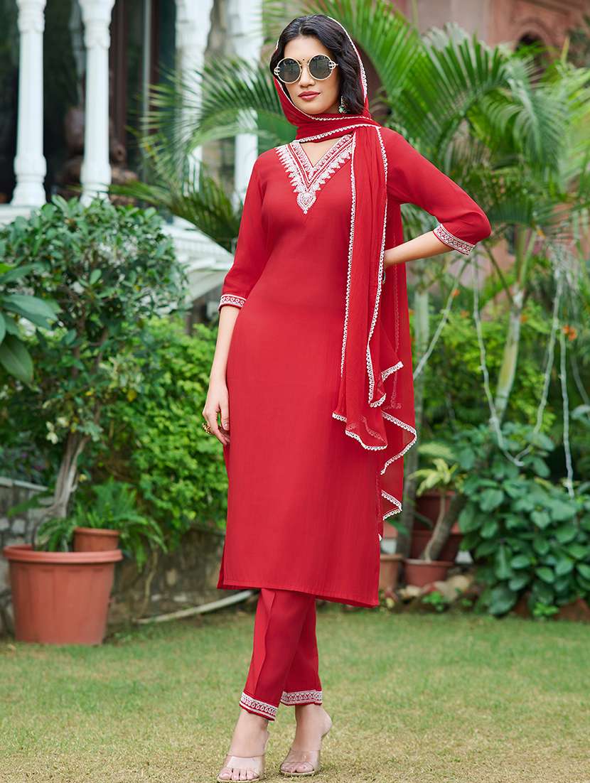 Women Solid With Work Three Quarter Sleeve Kurta Pant With Dupatta Set - 22454158 -  Standard Image - 2