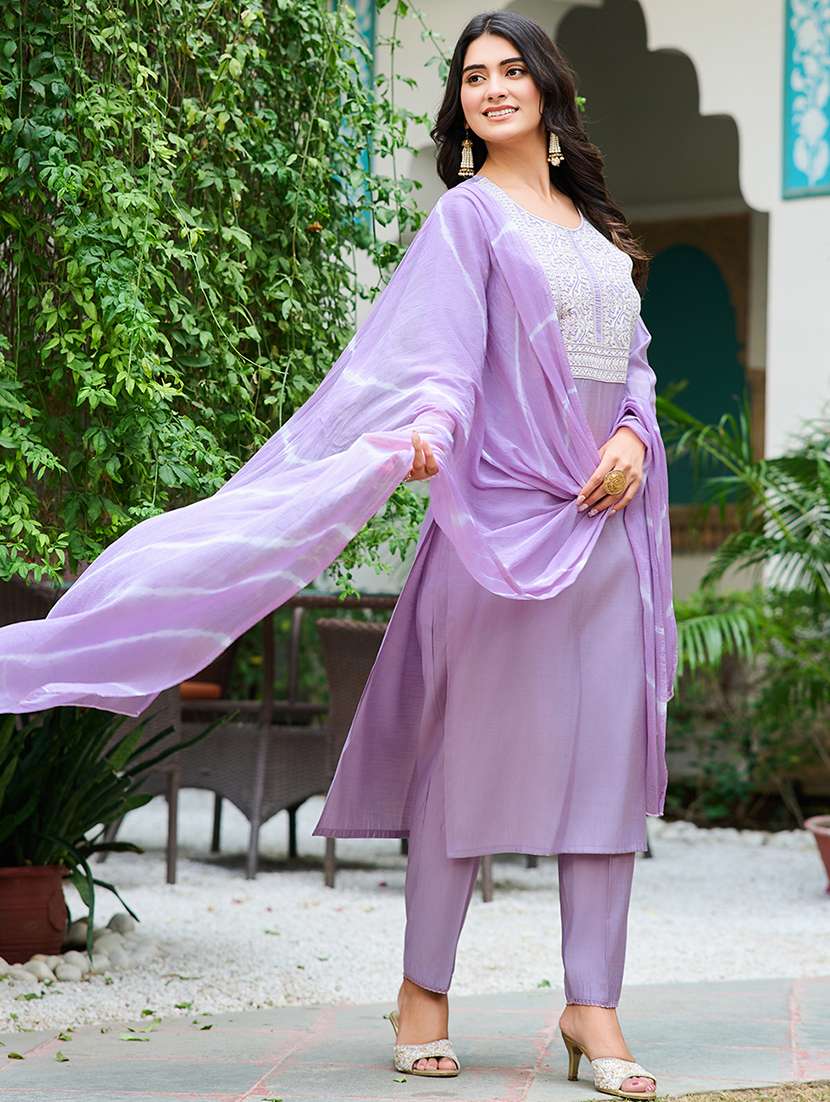 women solid with work three quarter sleeve kurta pant with dupatta set - 22454159 -  Standard Image - 2
