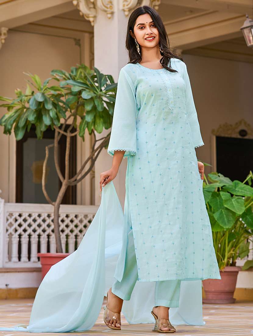 women solid with work three quarter sleeve kurta pant with dupatta set - 22454167 -  Standard Image - 2