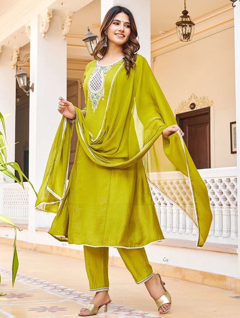 women solid with work three quarter sleeve kurta pant with dupatta set - 22454168 -  Standard Image - 2