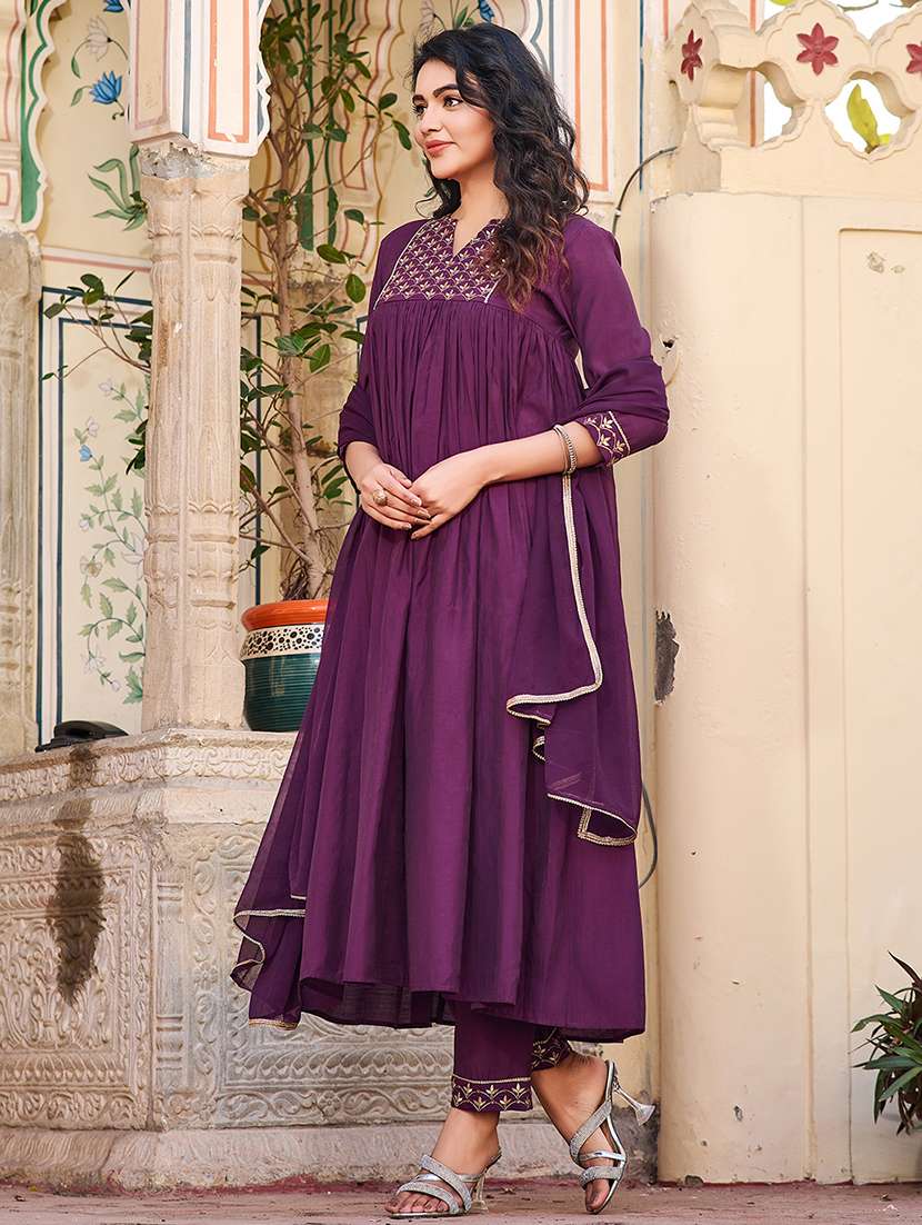 women solid with work three quarter sleeve kurta pant with dupatta set - 22454169 -  Standard Image - 2