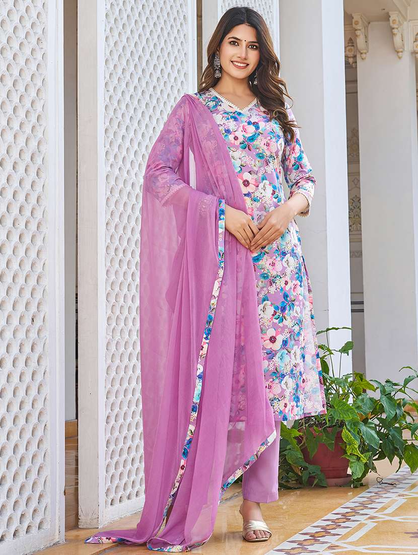 women printed three quarter sleeve kurta pant with dupatta set - 22454172 -  Standard Image - 2