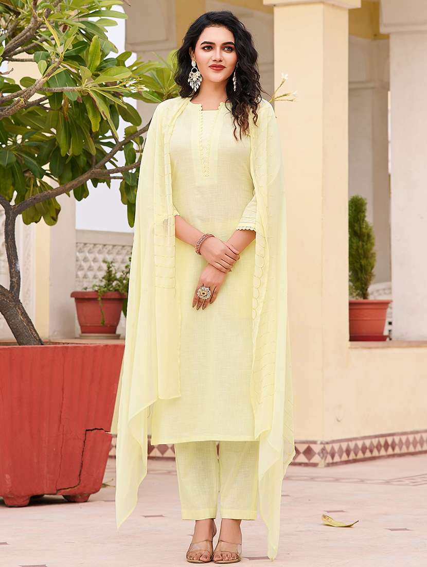 women solid with work three quarter sleeve kurta pant with dupatta set
