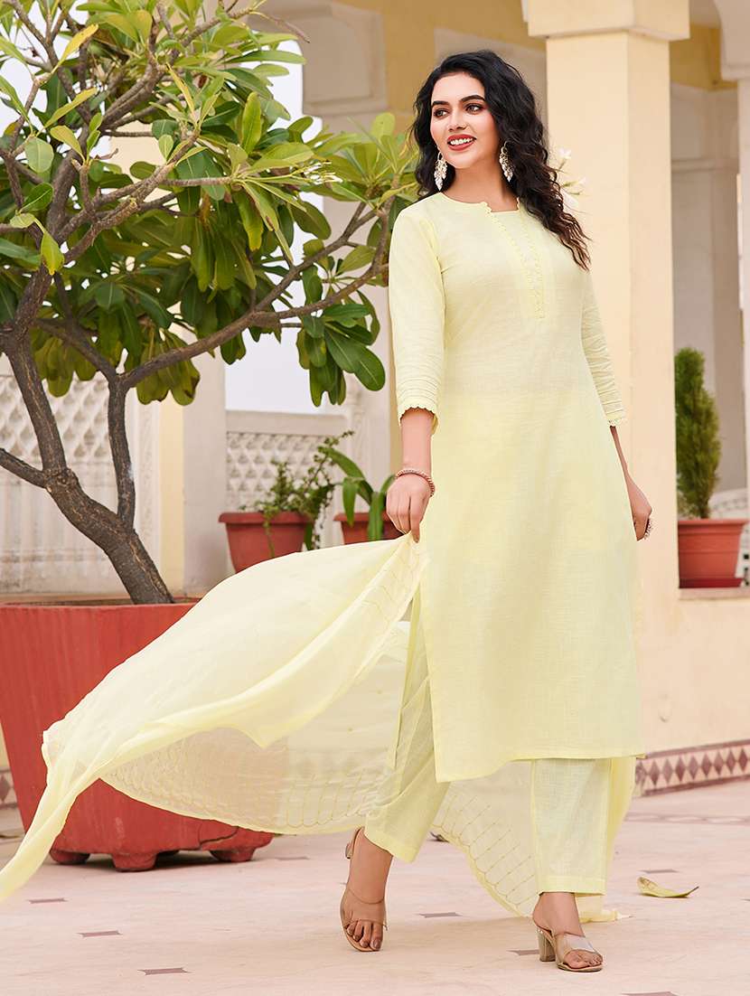 women solid with work three quarter sleeve kurta pant with dupatta set - 22454178 -  Standard Image - 2