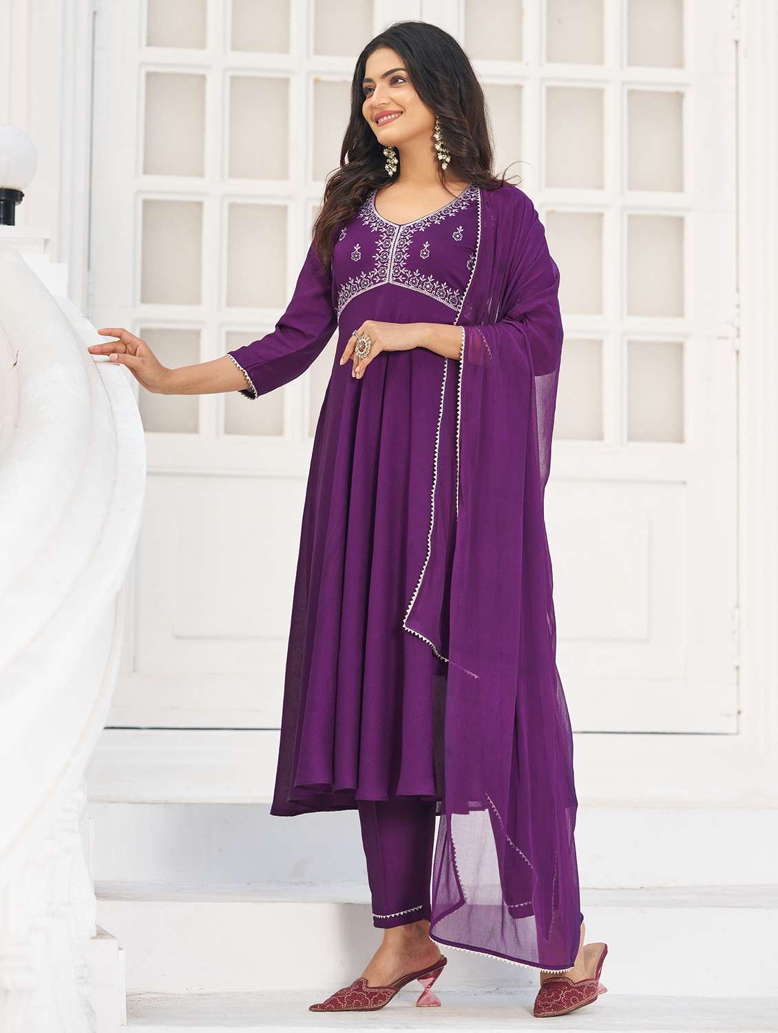 women solid with work three quarter sleeve kurta pant with dupatta set - 22454193 -  Standard Image - 2