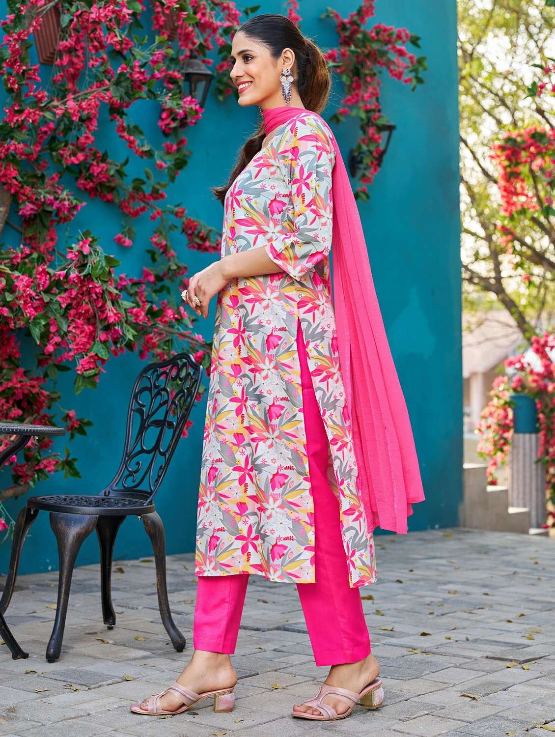 women printed three quarter sleeve kurta pant with dupatta set - 22454207 -  Standard Image - 2
