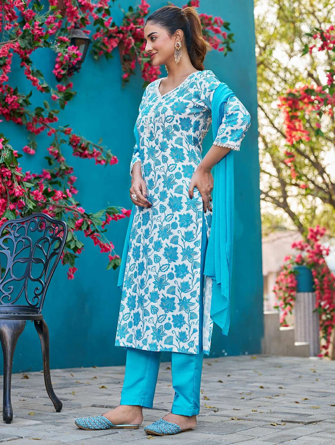 women printed three quarter sleeve kurta pant with dupatta set - 22454208 -  Standard Image - 2