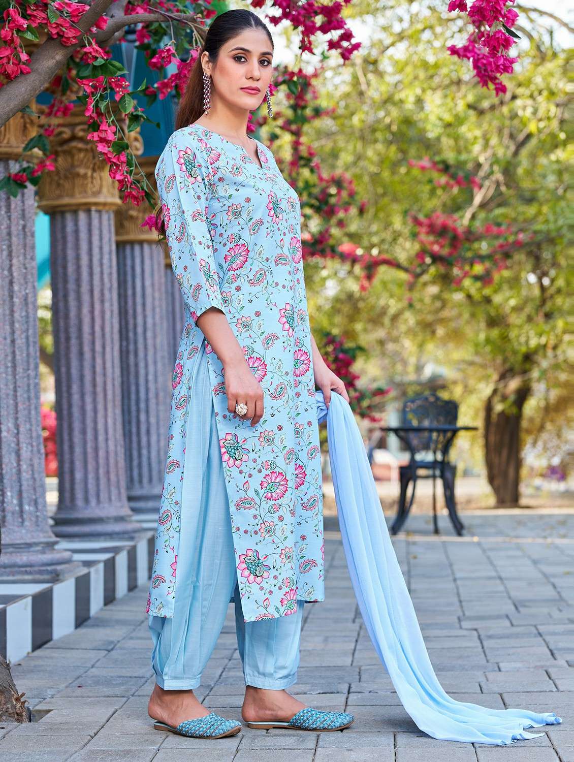 women printed three quarter sleeve kurta pant with dupatta set - 22454209 -  Standard Image - 2