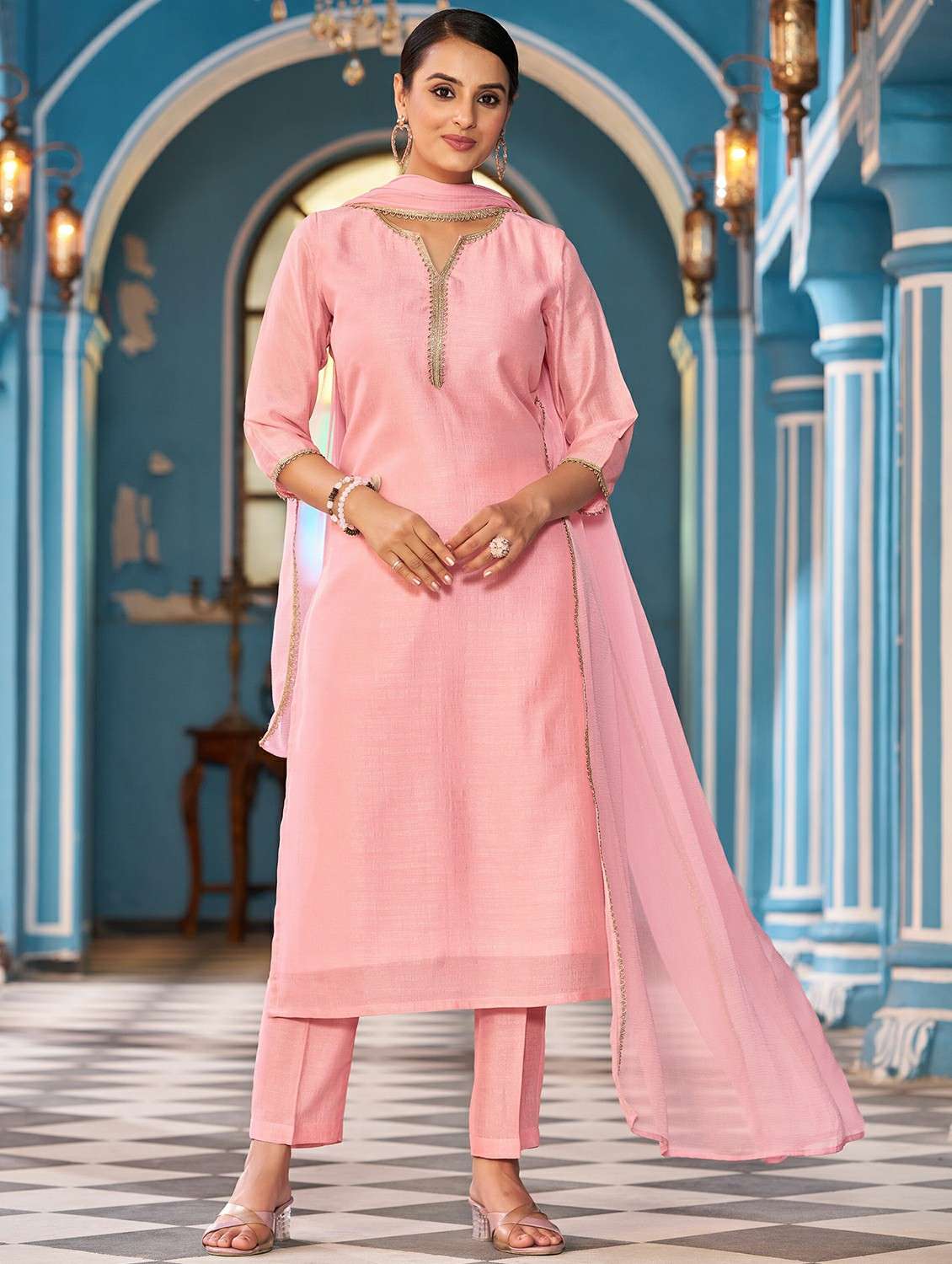 women solid with work three quarter sleeve kurta pant with dupatta set