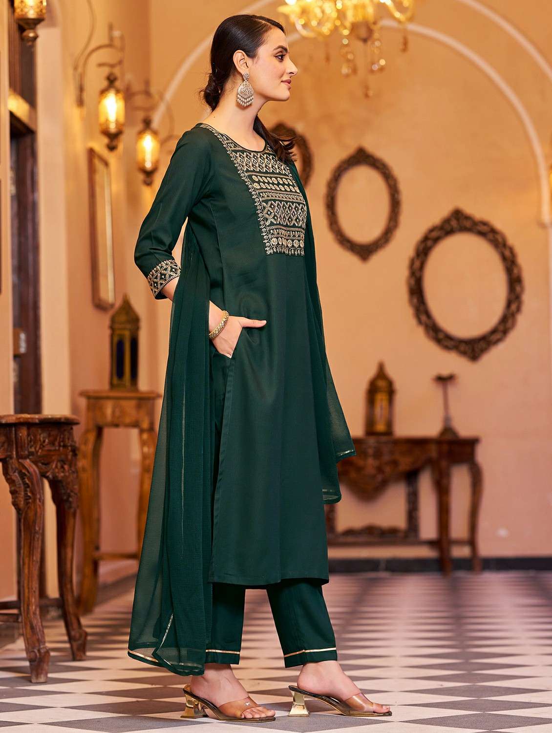Women Solid With Work Three Quarter Sleeve Kurta Pant With Dupatta Set - 22454216 -  Standard Image - 2