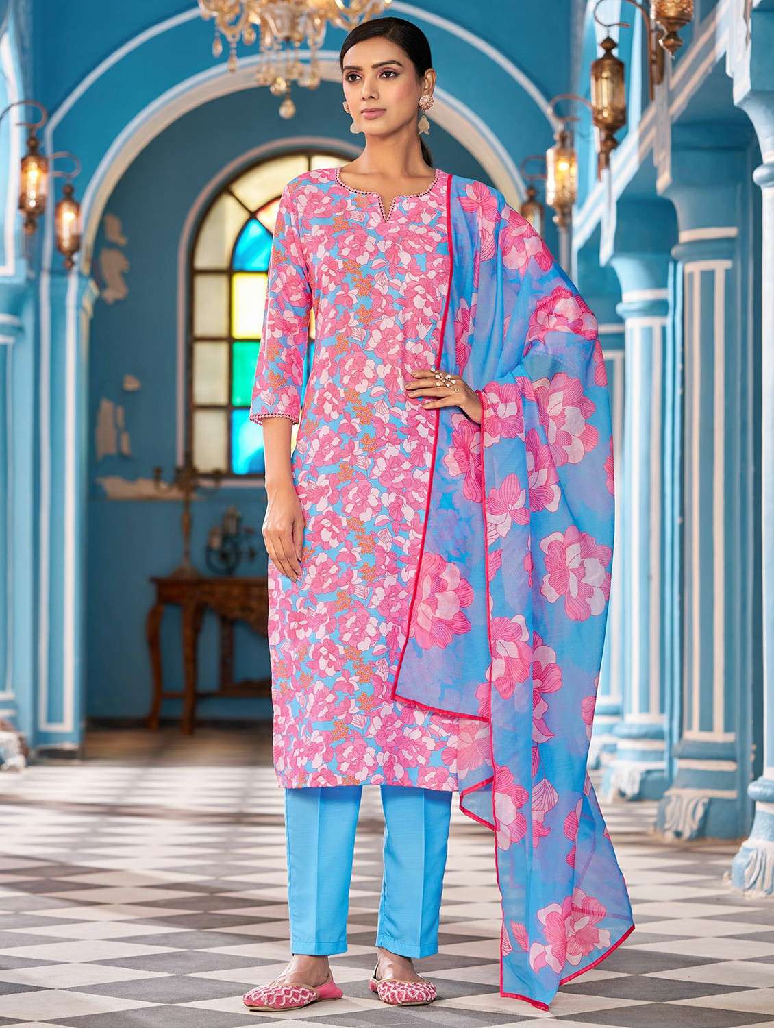 women printed three quarter sleeve kurta pant with dupatta set - 22454231 -  Standard Image - 2