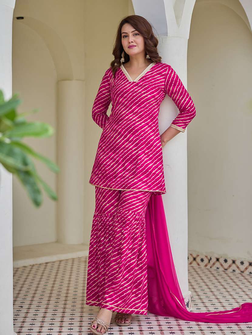 women leheriya three quarter sleeve kurta sharara with dupatta set - 22454291 -  Standard Image - 2