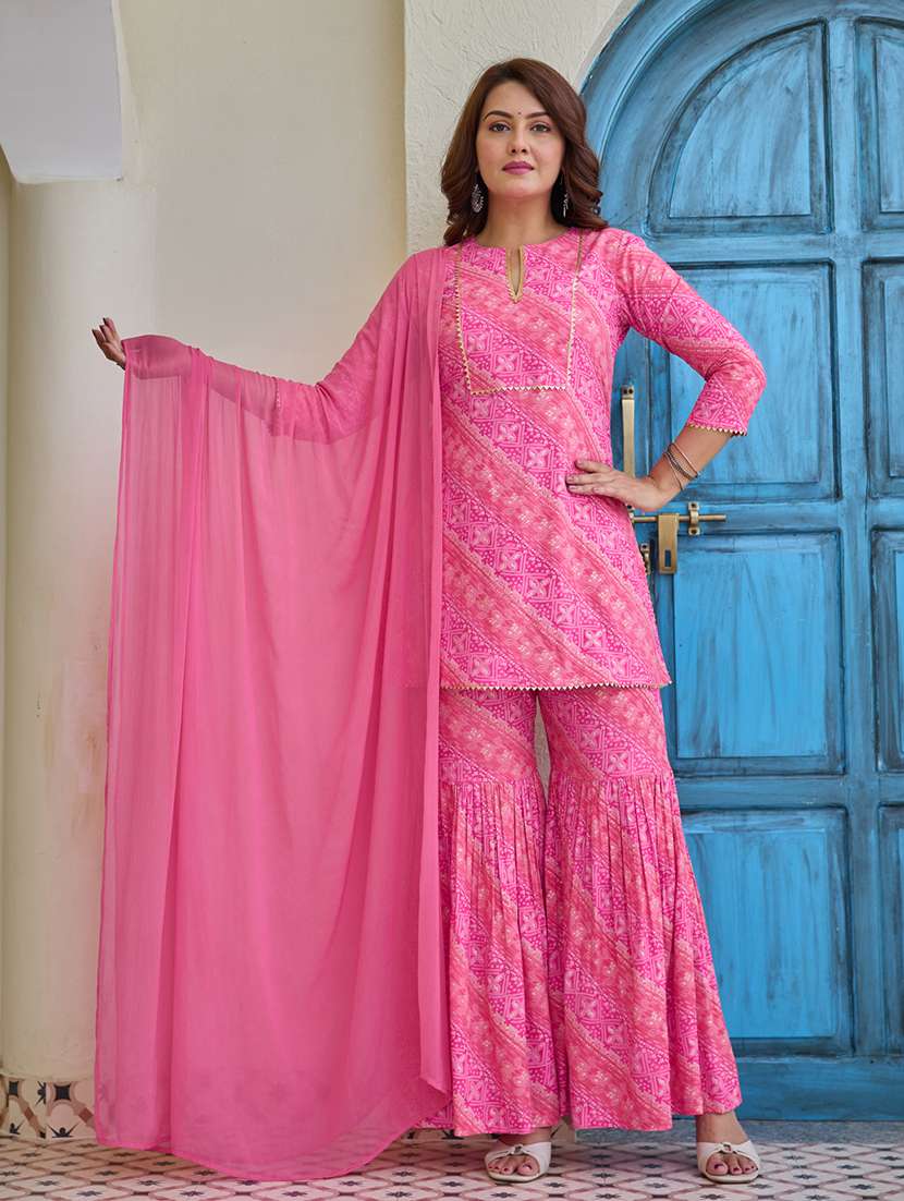 women printed three quarter sleeve kurta sharara with dupatta set - 22454293 -  Standard Image - 2