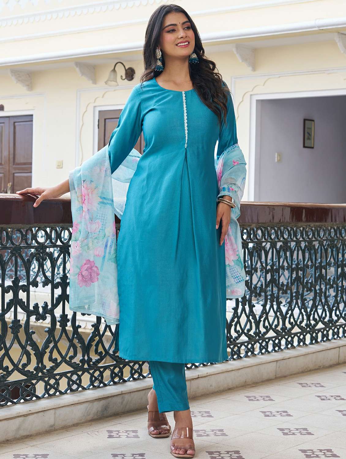 women solid three quarter sleeve kurta pant with dupatta set - 22454301 -  Standard Image - 2