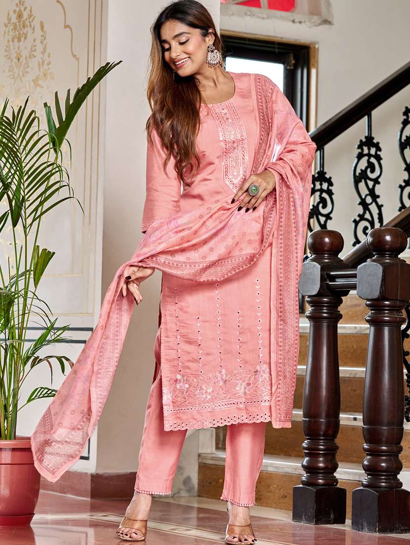 women solid with work three quarter sleeve kurta pant with dupatta set - 22454343 -  Standard Image - 2
