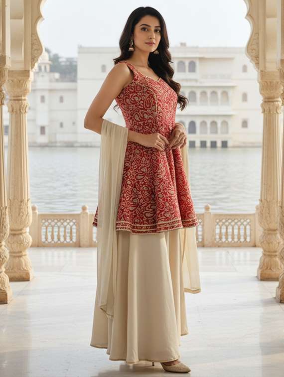 women printed sleeveless kurta palazzo with dupatta set - 22454346 -  Standard Image - 2