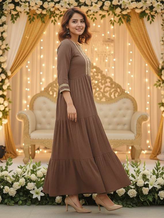 women tiered viscose dress with three-quarter sleeves - 22454351 -  Standard Image - 2