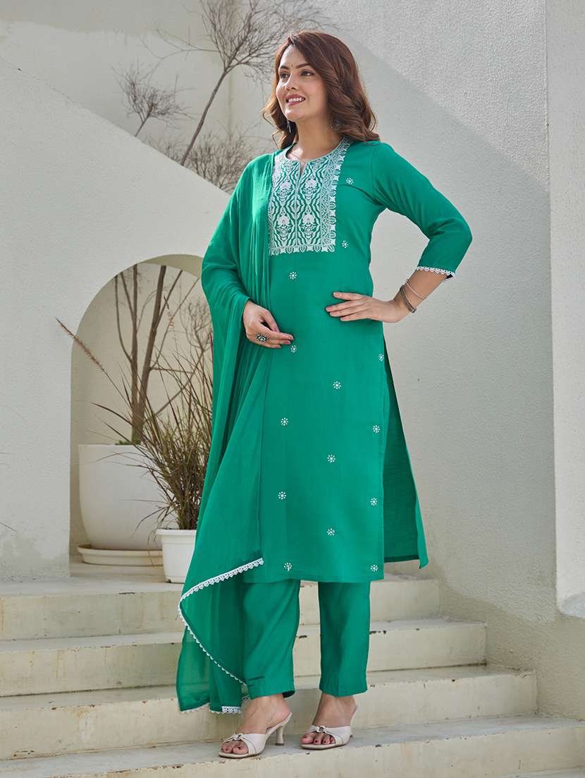 women solid with work three quarter sleeve kurta pant with dupatta set - 22454355 -  Standard Image - 2