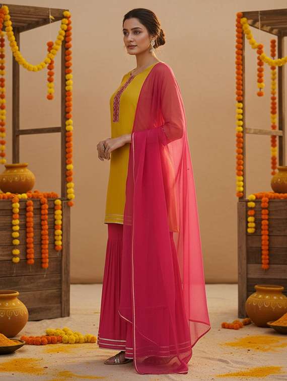 women solid with work three quarter sleeve kurta sharara with dupatta set - 22454357 -  Standard Image - 2