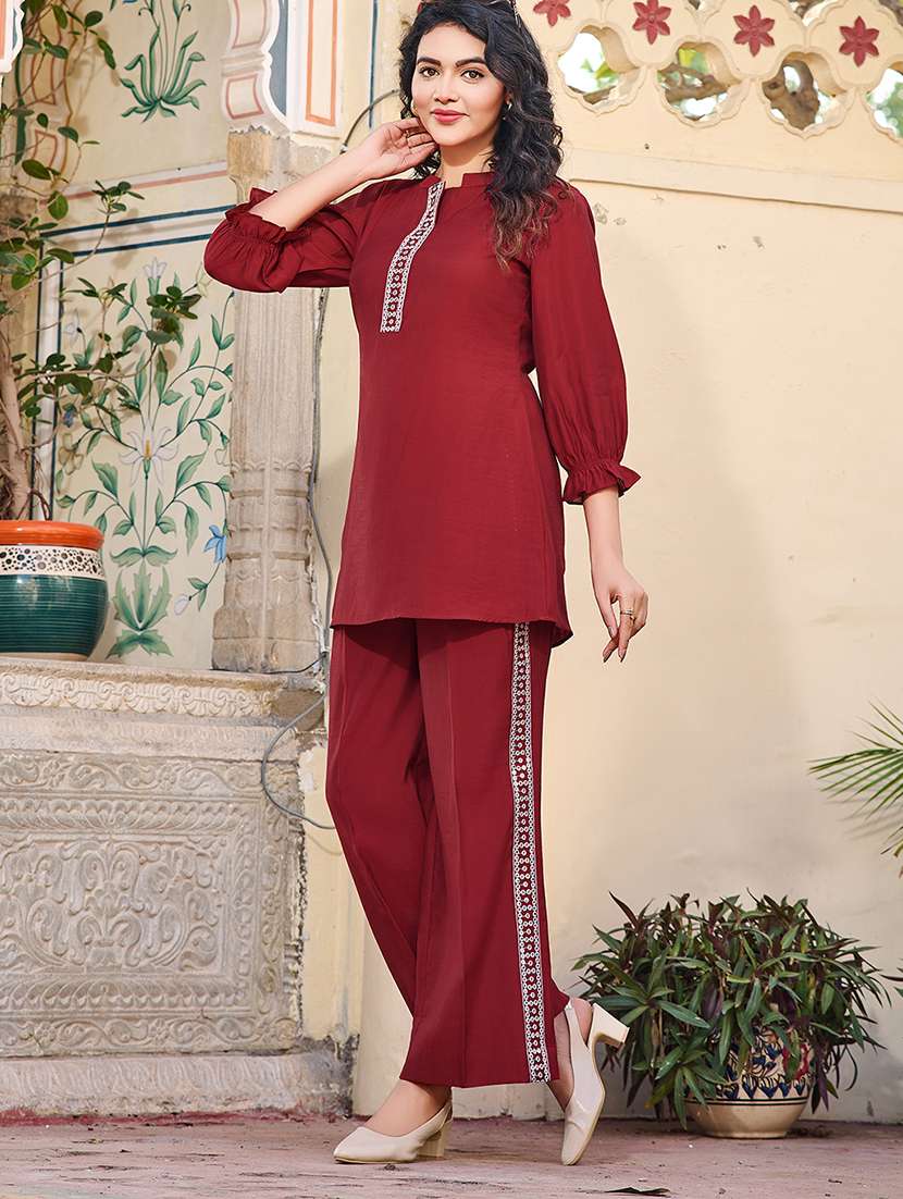 women solid with work three quarter sleeve ethnic co-ord set - 22454386 -  Standard Image - 2