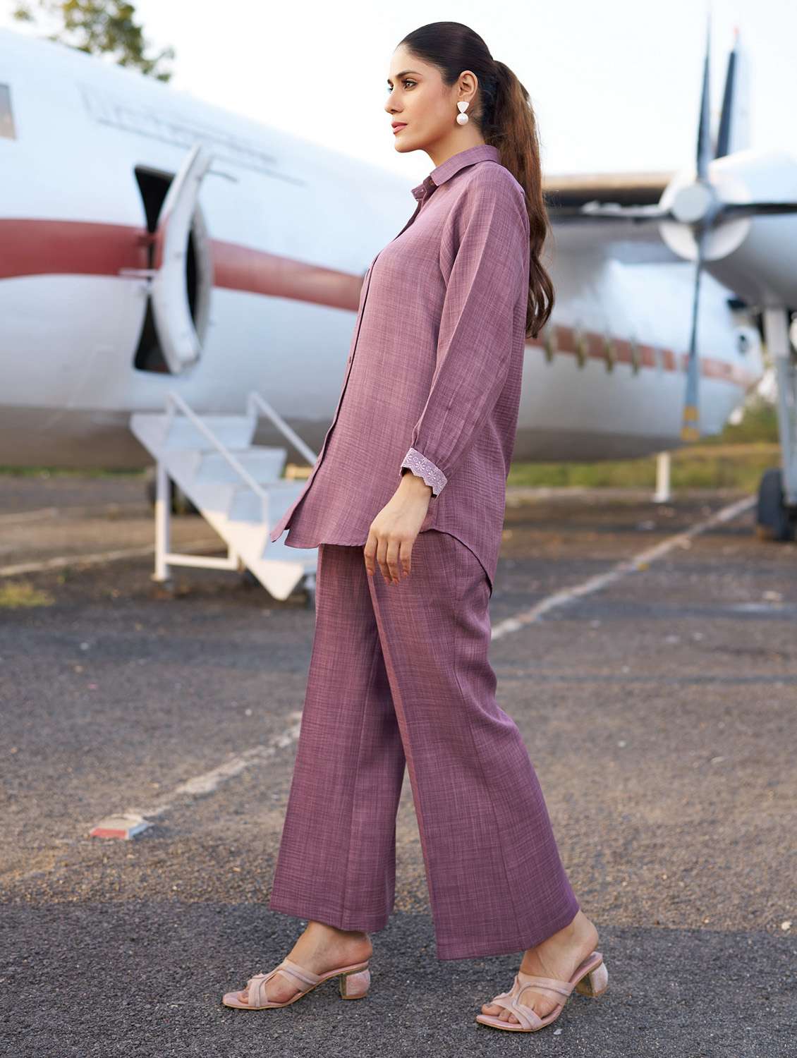 women self design long sleeve shirt & trouser co-ord set - 22454392 -  Standard Image - 2