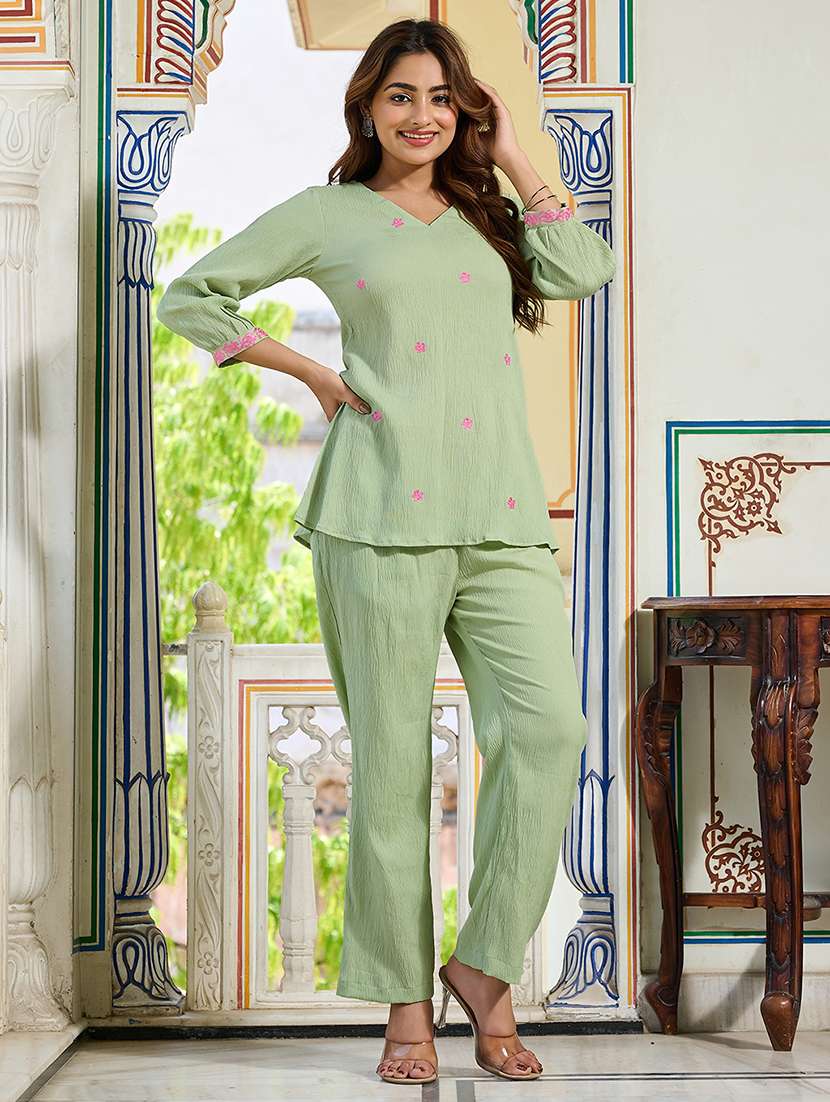 women solid with work three quarter sleeve ethnic co-ord set - 22454412 -  Standard Image - 2