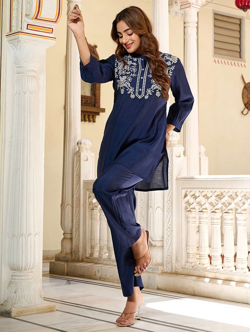 Women Solid With Work Three Quarter Sleeve Ethnic Co-ord Set - 22454415 -  Standard Image - 2