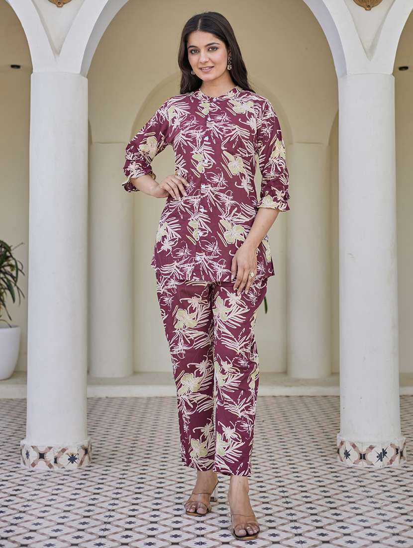 women printed three quarter sleeve ethnic co-ord set