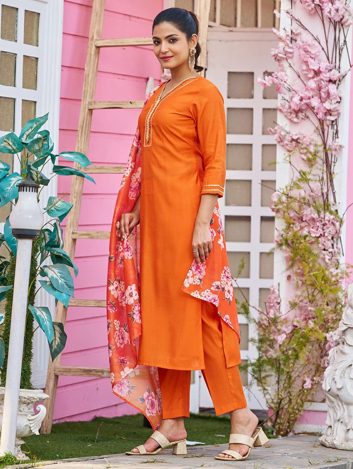 women solid with work three quarter sleeve kurta pant with dupatta set - 22454448 -  Standard Image - 2