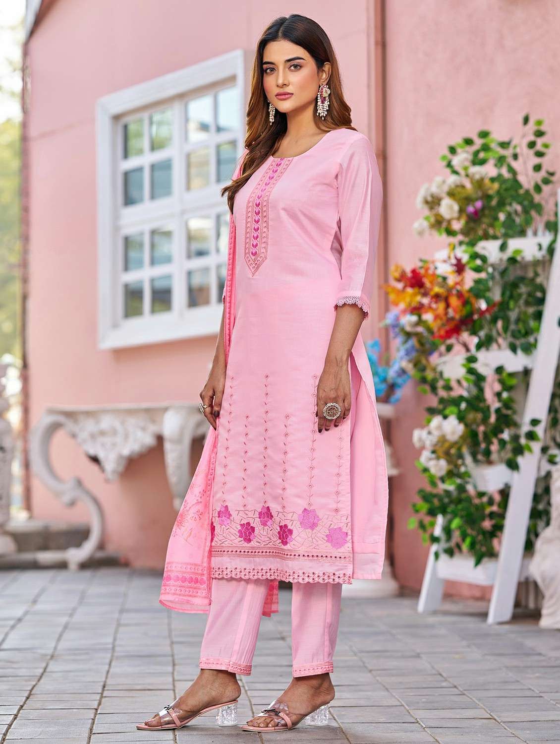 women solid with work three quarter sleeve kurta pant with dupatta set - 22454449 -  Standard Image - 2