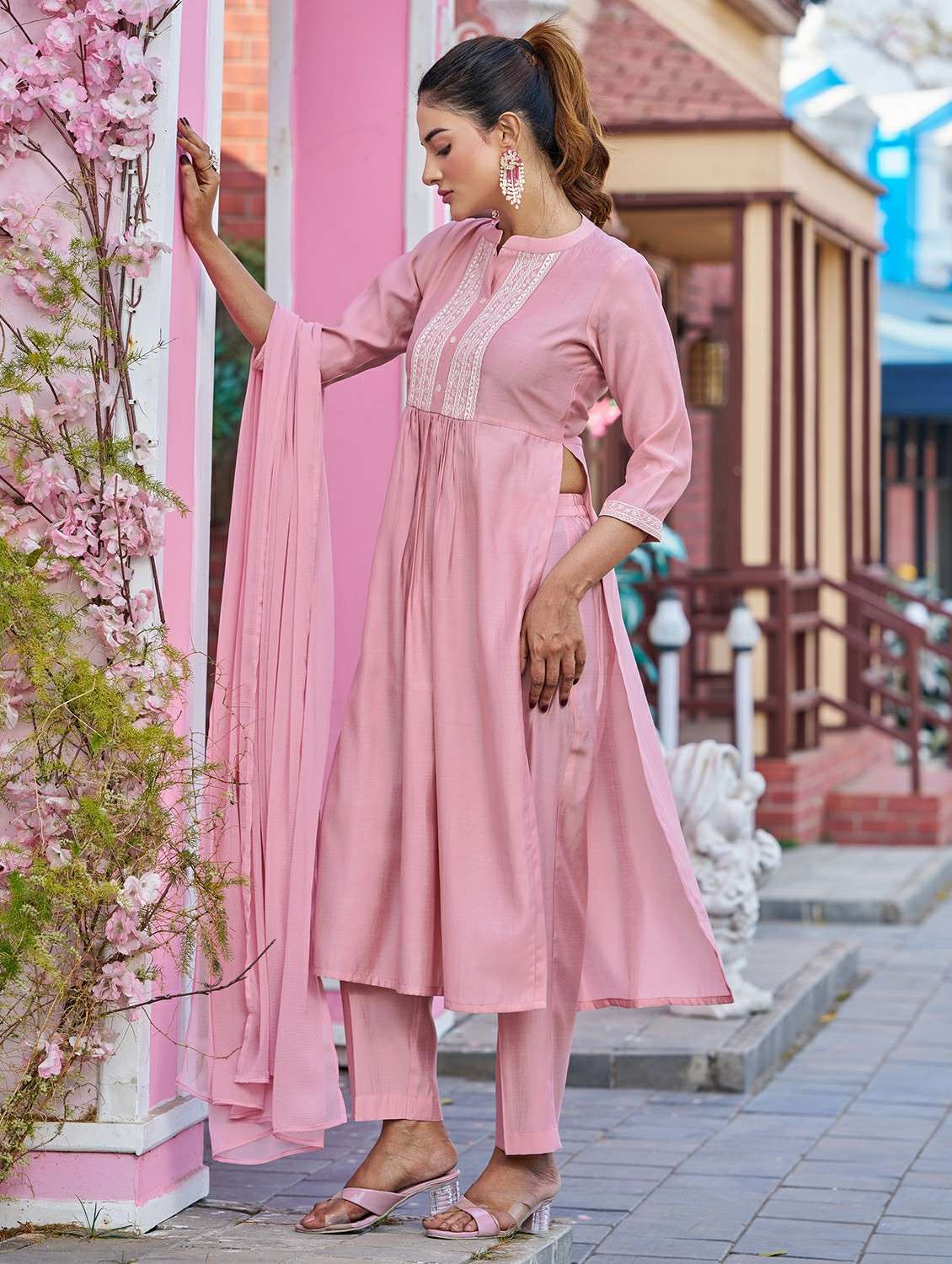 Women Solid With Work Three Quarter Sleeve Kurta Pant With Dupatta Set - 22454453 -  Standard Image - 2