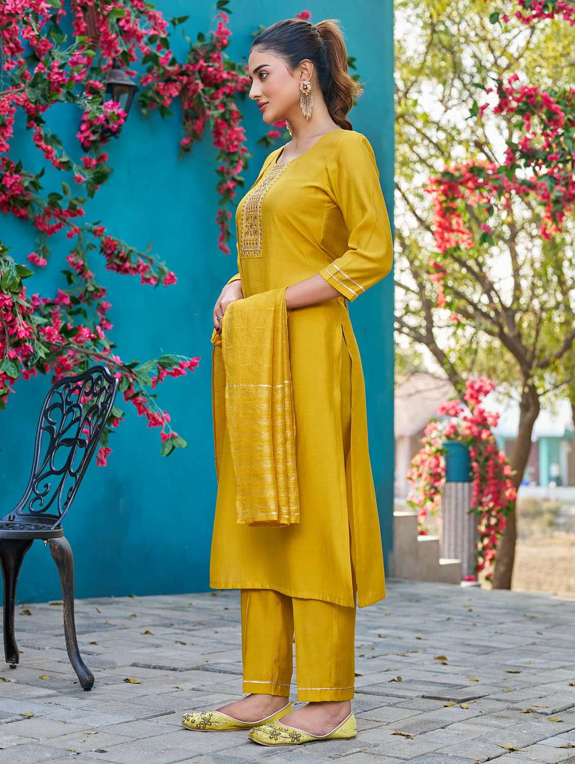 women solid with work three quarter sleeve kurta pant with dupatta set - 22454455 -  Standard Image - 2