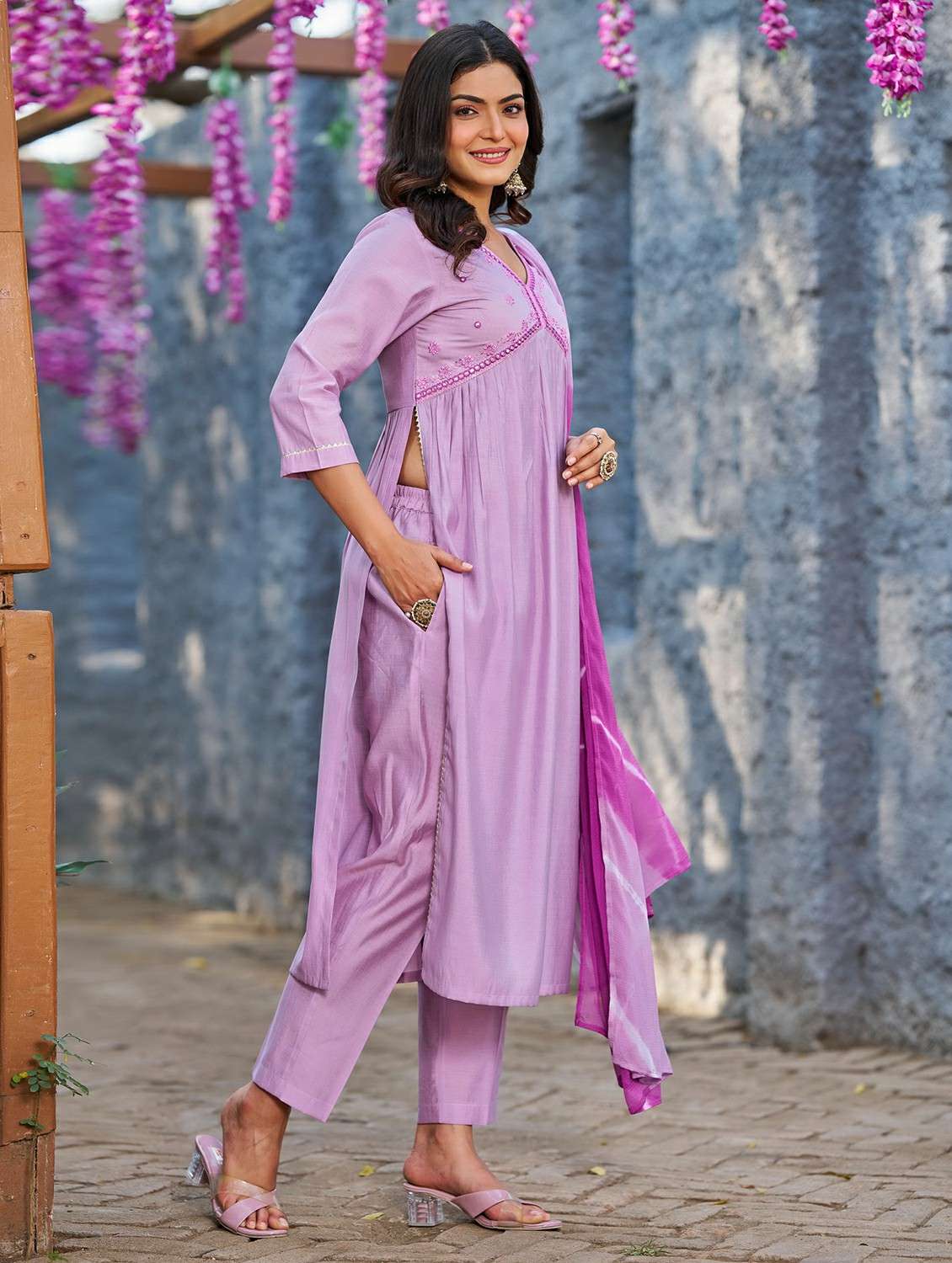women solid with work three quarter sleeve kurta pant with dupatta set - 22454456 -  Standard Image - 2