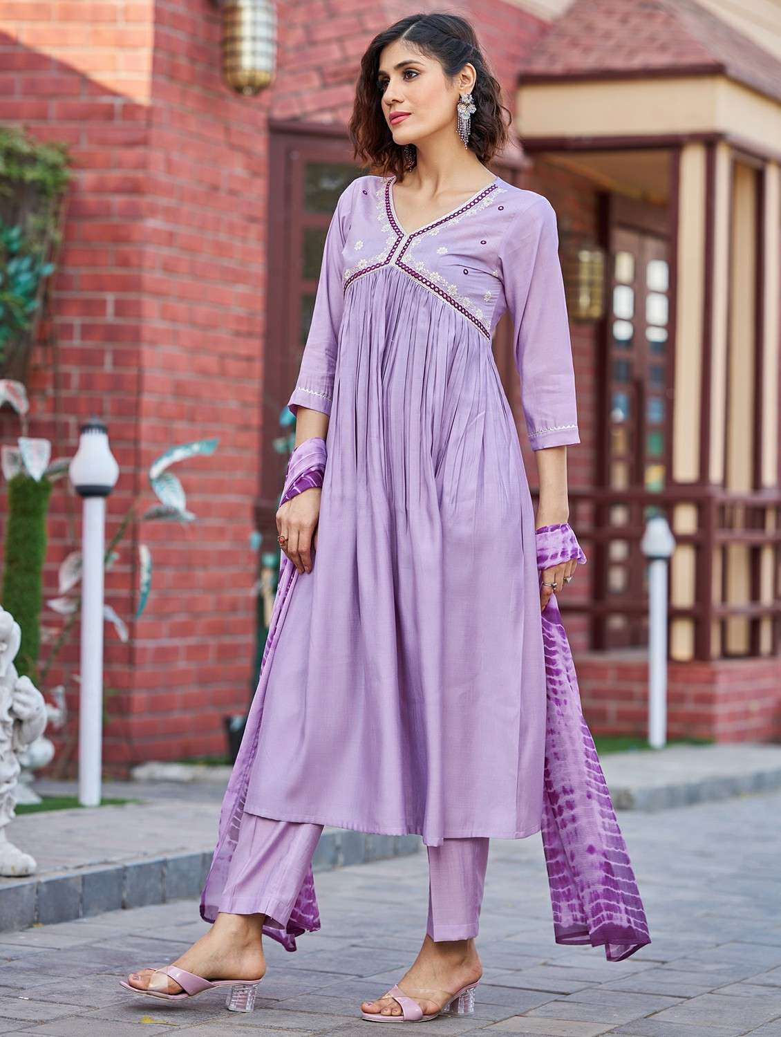 women solid with work three quarter sleeve kurta pant with dupatta set - 22454457 -  Standard Image - 2